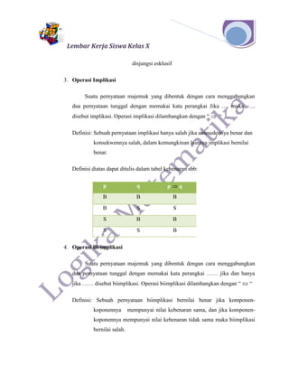 Lembar Kerja Siswa Kelas X
disjungsi esklusif
3. Operasi Implikasi
Suatu pernyataan majemuk yang dibentuk dengan cara menggabungkan
dua pernyataan tunggal dengan memakai kata perangkai Jika …. maka …..
disebut implikasi. Operasi implikasi dilambangkan dengan “  “
Definisi: Sebuah pernyataan implikasi hanya salah jika antesedennya benar dan
konsekwennya salah, dalam kemungkinan lainnya implikasi bernilai
benar.
Definisi diatas dapat ditulis dalam tabel kebenaran sbb:
p q p  q
B B B
B S S
S B B
S S B
4. Operasi Bi-implikasi
Suatu pernyataan majemuk yang dibentuk dengan cara menggabungkan
dua pernyataan tunggal dengan memakai kata perangkai …… jika dan hanya
jika …… disebut biimplikasi. Operasi biimplikasi dilambangkan dengan “  “
Definisi: Sebuah pernyataan biimplikasi bernilai benar jika komponen-
koponennya mempunyai nilai kebenaran sama, dan jika komponen-
koponennya mempunyai nilai kebenaran tidak sama maka biimplikasi
bernilai salah.
 