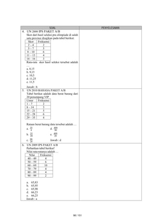 SOAL PENYELESAIAN
4. UN 2008 IPS PAKET A/B
Skor dari hasil seleksi pra olimpiade di salah
satu provinsi disajikan pada tabel berikut:
Skor Frekuensi
2 – 4 2
5 – 7 5
8 – 10 6
11 – 13 4
14 – 16 3
Rata-rata skor hasil seleksi tersebut adalah
…
a. 8,15
b. 9,15
c. 10,5
d. 11,25
e. 11,5
Jawab : b
5. UN 2010 BAHASA PAKET A/B
Tabel berikut adalah data berat barang dari
20 penumpang VIP
Umur Frekuensi
1 – 7 2
8 – 14 3
15 – 21 5
22 – 28 6
29 – 35 4
Rataan berat barang data tersebut adalah …
a. 4
35 d. 90
409
b. 20
35 e. 20
409
c. 20
90 Jawab : d
6. UN 2009 IPS PAKET A/B
Perhatikan tabel berikut!
Nilai rata-ratanya adalah …
Nilai Frekuensi
40 – 49 4
50 – 59 6
60 – 69 10
70 – 79 4
80 – 89 4
90 – 99 2
a. 65,83
b. 65,95
c. 65,98
d. 66,23
e. 66,25
Jawab : a
98 / 151
 