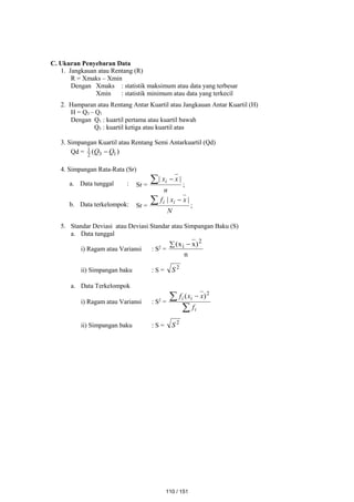C. Ukuran Penyebaran Data
1. Jangkauan atau Rentang (R)
R = Xmaks – Xmin
Dengan Xmaks : statistik maksimum atau data yang terbesar
Xmin : statistik minimum atau data yang terkecil
2. Hamparan atau Rentang Antar Kuartil atau Jangkauan Antar Kuartil (H)
H = Q3 – Q1
Dengan Q1 : kuartil pertama atau kuartil bawah
Q3 : kuartil ketiga atau kuartil atas
3. Simpangan Kuartil atau Rentang Semi Antarkuartil (Qd)
Qd = )
( 1
3
2
1 Q
Q 
4. Simpangan Rata-Rata (Sr)
a. Data tunggal : Sr =
n
x
xi |
|
 
;
b. Data terkelompok: Sr =
N
x
x
f i
i |
|
 
;
5. Standar Deviasi atau Deviasi Standar atau Simpangan Baku (S)
a. Data tunggal
i) Ragam atau Variansi : S2
=
n
)
x
x
( 2
i
 
ii) Simpangan baku : S = 2
S
a. Data Terkelompok
i) Ragam atau Variansi : S2
=

 
i
i
i
f
x
x
f 2
)
(
ii) Simpangan baku : S = 2
S
110 / 151
 