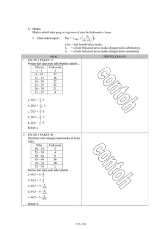 3) Modus
Modus adalah data yang sering muncul atau berfrekuensi terbesar.
 Data terkelompok: Mo = c
L
2
1
1
d
d
d
mo 







Lmo = tepi bawah kelas modus
d1 = selisih frekuensi kelas modus dengan kelas sebelumnya
d2 = selisih frekuensi kelas modus dengan kelas sesudahnya
SOAL PENYELESAIAN
1. UN 2011 PAKET 12
Modus dari data pada table berikut adalah ...
Ukuran Frekuensi
1 – 5 3
6 – 10 17
11 – 15 18
16 – 20 22
21 – 25 25
26 – 30 21
31 – 35 4
a. 20,5 + 5
4
3 
b. 20,5 + 5
25
3 
c. 20,5 + 5
7
3 
d. 20,5 – 5
4
3 
e. 20,5 – 5
7
3 
Jawab: c
2. UN 2011 PAKET 46
Distribusi nilai ulangan matematika di kelas
XIIA :
Nilai Frekuensi
50 – 54 2
55 – 59 4
60 – 64 8
65 – 69 16
70 – 74 10
75 – 79 2
Modus dari data pada tabel adalah …
a. 64,5 + 6
8
6 
b. 64,5 + 6
8
5
c. 64,5 + 6
8
8
5 

d. 64,5 – 6
8
8
6 

e. 64,5 – 6
8
8
5 

Jawab: b
117 / 151
 