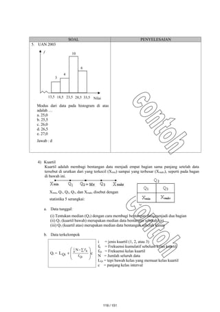 SOAL PENYELESAIAN
5. UAN 2003
Modus dari data pada histogram di atas
adalah …
a. 25,0
b. 25,5
c. 26,0
d. 26,5
e. 27,0
Jawab : d
4) Kuartil
Kuartil adalah membagi bentangan data menjadi empat bagian sama panjang setelah data
tersebut di urutkan dari yang terkecil (Xmin) sampai yang terbesar (Xmaks), seperti pada bagan
di bawah ini.
Xmin, Q1, Q2, Q3, dan Xmaks disebut dengan
statistika 5 serangkai:
a. Data tunggal:
(i) Tentukan median (Q2) dengan cara membagi bentangan data menjadi dua bagian
(ii) Q1 (kuartil bawah) merupakan median data bentangan sebelah kiri
(iii) Q3 (kuartil atas) merupakan median data bentangan sebelah kanan
b. Data terkelompok
Qi = c
L
Qi
k
4
i
f
f
N
Qi 










i = jenis kuartil (1, 2, atau 3)
fk = Frekuensi kumulatif sebelum kelas kuartil
fQi = Frekuensi kelas kuartil
N = Jumlah seluruh data
LQi = tepi bawah kelas yang memuat kelas kuartil
c = panjang kelas interval
13,5 18,5 23,5 28,5 33,5 Nilai
f
3
4
10
6
119 / 151
 
