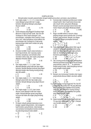 KUMPULAN SOAL
Menyelesaikan masalah yang berkaitan dengan kaidah pencacahan, permutasi, atau kombinasi.
1. Dari angka-angka 1, 2, 3, 4, 5, 6, akan disusun
suatu bilangan yang terdiri dari 3 angka
berbeda. Banyaknya bilangan yang dapat
disusun adalah …
a. 18 c. 60 e. 216
b. 36 d. 120
2. Suatu keluarga yang tinggal di Surabaya ingin
liburan ke Eropa via Arab Saudi. Jika rute dari
Surabaya ke Arab Saudi sebanyak 5 rute
penerbangan, sedangkan Arab Saudi ke Eropa
ada 6 rute, maka banyaknya semua pilihan rute
penerbangan dari Surabaya ke Eropa pergi
pulang dengan tidak boleh melalui rute yang
sama adalah …
a. 900 c. 700 e. 460
b. 800 d. 600
3. Amanda memiliki 4 buah celana berbeda, 6
buah baju berbeda, dan 3 pasang sepatu
berbeda, banyaknya cara berbeda untuk
memakai celana, baju, dan sepatu yang dapat
dilakukan Amanda adalah …cara
a. 36 c. 60 d. 68
b. 42 e. 72
4. Dari angka-angka 1, 2, 3, 4, dan 7 akan
dibentuk bilangan yang terdiri dari tiga angka
berbeda. Banyak bilangan berbeda yang dapat
dibentuk dengan nilai masing-masing kurang
dari 400 adalah …
a. 12 c. 36 e. 84
b. 24 d. 48
5. Dari angka-angka 2, 3, 5, 7, dan 8 disusun
bilangan yang terdiri atas tiga angka yang
berbeda. Banyak bilangan yang dapat disusun
adalah …
a. 10 c. 20 e. 60
b. 15 d. 48
6. Dari angka-angka 1,2,3,4,5, dan 6 akan
disusun suatu bilangan terdiri dari empat
angka. Banyak bilangan genap yang dapat
tersusun dan tidak ada angka yang berulang
adalah …
a. 120 c. 360 e. 648
b. 180 d. 480
7. Di depan sebuah gedung terpasang secara
berjajar sepuluh taing bendera. Jika terdapat 6
buah bendera yang berbeda, maka banyak
cara berbeda menempatkan bendera-bendera
itu pada tiang-tiang tersebut adalah …
a. !
6
!
10 c. !
4
!
6 e. !
2
!
6
b. !
4
!
10 d. !
2
!
10
8. Seorang ingin melakukan pembicaraan melalui
sebuah wartel. Ada 4 buah kamar bicara dan
ada 6 buah nomor yang akan dihubungi.
Banyak susunan pasangan kamar bicara dan
nomor telepon yang dapat dihubungi adalah …
a. 10 c. 360 e. 4.096
b. 24 d. 1.296
9. Bagus memiliki koleksi 5 macam celana
panjang dengan warna berbeda dan 15 kemeja
dengan corak berbeda. Banyak cara Bagus
berpakaian dengan penampilan berbeda
adalah … cara
a. 5 c. 20 e. 75
b. 15 d. 30
10. Pada pelaksanaan Ujian praktek Olah raga di
sekolah A, setiap peserta diberi nomor yang
terdiri dari tiga angka dengan angka pertama
tidak nol. Banyaknya peserta ujian yang
bernomor ganjil adalah …
a. 360 c. 450 e. 729
b. 405 d. 500
11. Jika seorang penata bunga ingin mendapatkan
informasi penataan bunga dari 5 macam bunga
yang berbeda, yaitu B1, B2, …, B5 pada lima
tempat yang tersedia, maka banyaknya formasi
yang mungkin terjadi adalah …
a. 720 c. 180 e. 24
b. 360 d. 120
12. Banyak cara memasang 5 bendera dari negara
yang berbeda disusun dalam satu baris adalah
…
a. 20 c. 69 e. 132
b. 24 d. 120
13. Dalam rangka memperingati HUT RI, Pak RT
membentuk tim panitia HUT RI yang dibentuk
dari 8 pemuda untuk dijadikan ketua panitia,
sekretaris, dan bendahara masing-masing 1
orang. Banyaknya cara pemilihan tim panitia
yang dapat disusun adalah …
a. 24 c. 168 e. 6720
b. 56 d. 336
14. Dalam kompetisi bola basket yang terdiri dari
10 regu akan dipilih juara 1, 2, dan 3. Banyak
cara memilih adalah …
a. 120 c. 540 e. 900
b. 360 d. 720
130 / 151
 