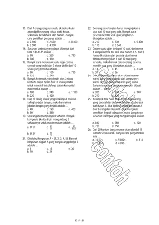 15. Dari 7 orang pengurus suatu ekstrakurikuler
akan dipilih seorang ketua, wakil ketua,
sekretaris, bendahara, dan humas. Banyak
cara pemilihan pengurus adalah …
a. 2.100 c. 2.520 e. 8.400
b. 2.500 d. 4.200
16. Susunan berbeda yang dapat dibentuk dari
kata “DITATA” adalah …
a. 90 c. 360 e. 720
b. 180 d. 450`
17. Banyak cara menyusun suatu regu cerdas
cermat yang terdiri dari 3 siswa dipilih dari 10
siswa yang tersedia adalah …
a. 80 c. 160 e. 720
b. 120 d. 240
18. Banyak kelompok yang terdiri atas 3 siswa
berbeda dapat dipilih dari 12 siswa pandai
untuk mewakili sekolahnya dalam kompetisi
matematika adalah …
a. 180 c. 240 e. 1.320
b. 220 d. 420
19. Dari 20 orang siswa yang berkumpul, mereka
saling berjabat tangan, maka banyaknya
jabatan tangan yang terjadi adalah …
a. 40 c. 190 e. 400
b. 80 d. 360
20. Seorang ibu mempunyai 8 sahabat. Banyak
komposisi jika ibu ingin mengundang 5
sahabatnya untuk makan malam adalah …
a. 8! 5! c. !
3
!
8 e. !
3
!
5
!
8
b. 8! 3! d. !
5
!
8
21. Diketahui himpunan A = {1, 2, 3, 4, 5}. Banyak
himpunan bagian A yang banyak anggotanya 3
adalah …
a. 6 c. 15 e. 30
b. 10 d. 24
22. Seorang peserta ujian harus mengerjakan 6
soal dari 10 soal yang ada. Banyak cara
peserta memilih soal ujian yang harus
dikerjakan adalah …
a. 210 c. 230 e. 5.400
b. 110 d. 5.040
23. Dalam suatu ujian terdapat 10 soal, dari nomor
1 sampai nomor 10. Jika soal nomor 3, 5, dan 8
harus dikerjakan dan peserta ujian hanya
diminta mengerjakan 8 dari 10 soal yang
tersedia, maka banyak cara seorang peserta
memilih soal yang dikerjakan adalah …
a. 14 c. 45 e. 2.520
b. 21 d. 66
24. Dari 10 warna berbeda akan dibuat warna-
warna baru yang berbeda dari campuran 4
warna dengan banyak takaran yang sama.
Banyaknya warna baru yang mungkin dibuat
adalah … warna
a. 200 c. 220 e. 240
b. 210 d. 230
25. Kelompok tani Suka Maju terdiri dari 6 orang
yang berasal dari dusun A dan 8 orang berasal
dari dusun B. Jika dipilih 2 orang dari dusun A
dan 3 orang dari dusun B untuk mengikuti
penelitian tingkat kabupaten, maka banyaknya
susunan kelompok yang mungkin terjadi adalah
…
a. 840 c. 560 e. 120
b. 720 d. 350
26. Dari 20 kuntum bunga mawar akan diambil 15
kuntum secara acak. Banyak cara pengambilan
ada …
a. 15.504 c. 93.024 e. 816
b. 12.434 d. 4.896
131 / 151
 
