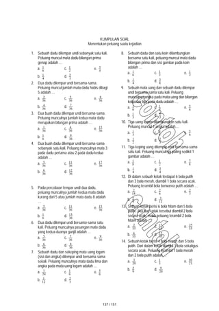 KUMPULAN SOAL
Menentukan peluang suatu kejadian
1. Sebuah dadu dilempar undi sebanyak satu kali.
Peluang muncul mata dadu bilangan prima
genap adalah …
a. 6
1 c. 2
1 e. 4
3
b. 4
1 d. 3
2
2. Dua dadu dilempar undi bersama-sama.
Peluang muncul jumlah mata dadu habis dibagi
5 adalah …
a. 36
2 c. 36
5 e. 36
8
b. 36
4 d. 36
7
3. Dua buah dadu dilempar undi bersama-sama.
Peluang munculnya jumlah kedua mata dadu
merupakan bilangan prima adalah …
a. 36
1 c. 36
4 e. 36
15
b. 6
1 d. 36
9
4. Dua buah dadu dilempar undi bersama-sama
sebanyak satu kali. Peluang munculnya mata 3
pada dadu pertama atau 2 pada dadu kedua
adalah …
a. 36
5 c. 36
11 e. 36
17
b. 36
6 d. 36
12
5. Pada percobaan lempar undi dua dadu,
peluang munculnya jumlah kedua mata dadu
kurang dari 5 atau jumlah mata dadu 8 adalah
…
a. 36
5 c. 36
11 e. 36
15
b. 6
1 d. 36
13
6. Dua dadu dilempar undi bersama-sama satu
kali. Peluang munculnya pasangan mata dadu
yang kedua-duanya ganjil adalah …
a. 36
5 c. 36
7 e. 36
9
b. 36
6 d. 36
8
7. Sebuah dadu dan sekeping mata uang logam
(sisi dan angka) dilempar undi bersama-sama
sekali. Peluang munculnya mata dadu lima dan
angka pada mata uang logam adalah …
a. 24
1 c. 6
1 e. 6
5
b. 12
1 d. 3
2
8. Sebuah dadu dan satu koin dilambungkan
bersama satu kali, peluang muncul mata dadu
bilangan prima dan sisi gambar pada koin
adalah …
a. 6
1 c. 3
1 e. 2
1
b. 4
1 d. 8
3
9. Sebuah mata uang dan sebuah dadu dilempar
undi bersama-sama satu kali. Peluang
munculnya angka pada mata uang dan bilangan
kelipatan tiga pada dadu adalah …
a. 6
1 c. 2
1 e. 6
5
b. 3
1 d. 3
2
10. Tiga uang logam dilambungkan satu kali.
Peluang muncul 1 angka adalah....
a. 3
1 c. 8
3 e. 6
5
b. 2
1 d. 3
2
11. Tiga keping uang dilempar undi bersama-sama
satu kali. Peluang munculnya paling sedikit 1
gambar adalah …
a. 8
1 c. 2
1 e. 8
7
b. 4
1 d. 4
3
12. Di dalam sebuah kotak terdapat 6 bola putih
dan 3 bola merah, diambil 1 bola secara acak.
Peluang terambil bola berwarna putih adalah …
a. 18
2 c. 6
2 e. 3
2
b. 9
2 d. 12
5
13. Sebuah kotak berisi 6 bola hitam dan 5 bola
putih. Jika dari kotak tersebut diambil 2 bola
secara acak, maka peluang terambil 2 bola
hitam adalah …
a. 55
2 c. 55
12 e. 55
25
b. 55
6 d. 55
15
14. Sebuah kotak berisi 4 bola merah dan 5 bola
putih. Dari dalam kotak diambil 3 bola sekaligus
secara acak. Peluang terambil 1 bola merah
dan 2 bola putih adalah …
a. 20
3 c. 3
1 e. 21
10
b. 9
2 d. 20
9
137 / 151
 