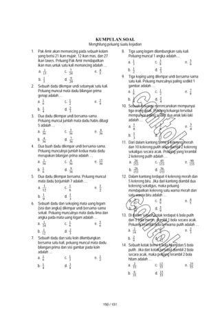 KUMPULAN SOAL
Menghitung peluang suatu kejadian
1. Pak Amir akan memancing pada sebuah kolam
yang berisi 21 ikan mujair, 12 ikan mas, dan 27
ikan tawes. Peluang Pak Amir mendapatkan
ikan mas untuk satu kali memancing adalah …
a. 15
1 c. 20
7 e. 5
4
b. 5
1 d. 20
9
2. Sebuah dadu dilempar undi sebanyak satu kali.
Peluang muncul mata dadu bilangan prima
genap adalah …
a. 6
1 c. 2
1 e. 4
3
b. 4
1 d. 3
2
3. Dua dadu dilempar undi bersama-sama.
Peluang muncul jumlah mata dadu habis dibagi
5 adalah …
a. 36
2 c. 36
5 e. 36
8
b. 36
4 d. 36
7
4. Dua buah dadu dilempar undi bersama-sama.
Peluang munculnya jumlah kedua mata dadu
merupakan bilangan prima adalah …
a. 36
1 c. 36
4 e. 36
15
b. 6
1 d. 36
9
5. Dua dadu dilempar bersama. Peluang muncul
mata dadu berjumlah 7 adalah …
a.
12
1 c.
6
1 e.
2
1
b.
9
1 d.
3
1
6. Sebuah dadu dan sekeping mata uang logam
(sisi dan angka) dilempar undi bersama-sama
sekali. Peluang munculnya mata dadu lima dan
angka pada mata uang logam adalah …
a. 24
1 c. 6
1 e. 6
5
b. 12
1 d. 3
2
7. Sebuah dadu dan satu koin dilambungkan
bersama satu kali, peluang muncul mata dadu
bilangan prima dan sisi gambar pada koin
adalah …
a. 6
1 c. 3
1 e. 2
1
b. 4
1 d. 8
3
8. Tiga uang logam dilambungkan satu kali.
Peluang muncul 1 angka adalah....
a. 3
1 c. 8
3 e. 6
5
b. 2
1 d. 3
2
9. Tiga keping uang dilempar undi bersama-sama
satu kali. Peluang munculnya paling sedikit 1
gambar adalah …
a. 8
1 c. 2
1 e. 8
7
b. 4
1 d. 4
3
10. Sebuah keluarga merencanakan mempunyai
tiga orang anak. Peluang keluarga tersebut
mempunyai paling sedikit dua anak laki-laki
adalah …
a.
8
1 c.
8
3
e.
4
3
b.
3
1 d.
2
1
11. Dari dalam kantong berisi 8 kelereng merah
dan 10 kelereng putih akan diambil 2 kelereng
sekaligus secara acak. Peluang yang terambil
2 kelereng putih adalah …
a. 153
20 c. 153
45 e. 153
90
b. 153
28 d. 153
56
12. Dalam kantong terdapat 4 kelereng merah dan
5 kelereng biru. Jika dari kantong diambil dua
kelereng sekaligus, maka peluang
mendapatkan kelereng satu warna merah dan
satu warna biru adalah …
a. 81
9 c. 9
4 e. 5
4
b. 81
20 d. 9
5
13. Di dalam sebuah kotak terdapat 6 bola putih
dan 3 bola merah, diambil 1 bola secara acak.
Peluang terambil bola berwarna putih adalah …
a. 18
2 c. 6
2 e. 3
2
b. 9
2 d. 12
5
14. Sebuah kotak berisi 6 bola hitam dan 5 bola
putih. Jika dari kotak tersebut diambil 2 bola
secara acak, maka peluang terambil 2 bola
hitam adalah …
a. 55
2 c. 55
12 e. 55
25
b. 55
6 d. 55
15
150 / 151
 