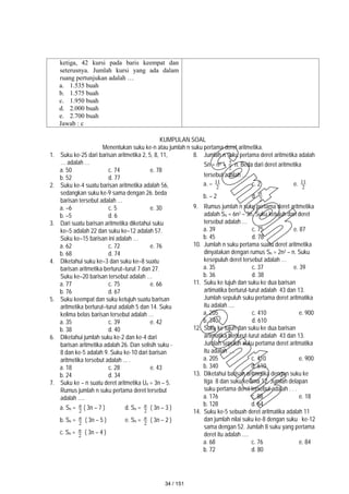 ketiga, 42 kursi pada baris keempat dan
seterusnya. Jumlah kursi yang ada dalam
ruang pertunjukan adalah …
a. 1.535 buah
b. 1.575 buah
c. 1.950 buah
d. 2.000 buah
e. 2.700 buah
Jawab : c
KUMPULAN SOAL
Menentukan suku ke-n atau jumlah n suku pertama deret aritmetika.
1. Suku ke-25 dari barisan aritmetika 2, 5, 8, 11,
… adalah …
a. 50 c. 74 e. 78
b. 52 d. 77
2. Suku ke-4 suatu barisan aritmetika adalah 56,
sedangkan suku ke-9 sama dengan 26. beda
barisan tersebut adalah …
a. –6 c. 5 e. 30
b. –5 d. 6
3. Dari suatu barisan aritmetika diketahui suku
ke–5 adalah 22 dan suku ke–12 adalah 57.
Suku ke–15 barisan ini adalah …
a. 62 c. 72 e. 76
b. 68 d. 74
4. Diketahui suku ke–3 dan suku ke–8 suatu
barisan aritmetika berturut–turut 7 dan 27.
Suku ke–20 barisan tersebut adalah …
a. 77 c. 75 e. 66
b. 76 d. 67
5. Suku keempat dan suku ketujuh suatu barisan
aritmetika berturut–turut adalah 5 dan 14. Suku
kelima belas barisan tersebut adalah …
a. 35 c. 39 e. 42
b. 38 d. 40
6. Diketahui jumlah suku ke-2 dan ke-4 dari
barisan aritmetika adalah 26. Dan selisih suku -
8 dan ke-5 adalah 9. Suku ke-10 dari barisan
aritmetika tersebut adalah ... .
a. 18 c. 28 e. 43
b. 24 d. 34
7. Suku ke – n suatu deret aritmetika Un = 3n – 5.
Rumus jumlah n suku pertama deret tersebut
adalah ….
a. Sn = 2
n ( 3n – 7 ) d. Sn = 2
n ( 3n – 3 )
b. Sn = 2
n ( 3n – 5 ) e. Sn = 2
n ( 3n – 2 )
c. Sn = 2
n ( 3n – 4 )
8. Jumlah n suku pertama deret aritmetika adalah
Sn = n2 + 2
5 n. Beda dari deret aritmetika
tersebut adalah ….
a. – 2
11 c. 2 e. 2
11
b. – 2 d. 2
5
9. Rumus jumlah n suku pertama deret aritmetika
adalah Sn = 6n2 – 3n. Suku ketujuh dari deret
tersebut adalah …
a. 39 c. 75 e. 87
b. 45 d. 78
10. Jumlah n suku pertama suatu deret aritmetika
dinyatakan dengan rumus Sn = 2n2 – n. Suku
kesepuluh deret tersebut adalah …
a. 35 c. 37 e. 39
b. 36 d. 38
11. Suku ke tujuh dan suku ke dua barisan
artimatika berturut-turut adalah 43 dan 13.
Jumlah sepuluh suku pertama deret aritmatika
itu adalah ....
a. 205 c. 410 e. 900
b. 340 d. 610
12. Suku ke tujuh dan suku ke dua barisan
artimatika berturut-turut adalah 43 dan 13.
Jumlah sepuluh suku pertama deret aritmatika
itu adalah ....
a. 205 c. 410 e. 900
b. 340 d. 610
13. Diketahui barisan aritmetika dengan suku ke
tiga 8 dan suku ke lima 12. Jumlah delapan
suku pertama deret tersebut adalah . . .
a. 176 c. 88 e. 18
b. 128 d. 64
14. Suku ke-5 sebuah deret aritmatika adalah 11
dan jumlah nilai suku ke-8 dengan suku ke-12
sama dengan 52. Jumlah 8 suku yang pertama
deret itu adalah ….
a. 68 c. 76 e. 84
b. 72 d. 80
34 / 151
 