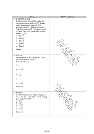 SOAL PENYELESAIAN
10. UN 2007 PAKET B
Dua buah mobil A dan B, berangkat dari
tempat yang sama. Arah mobil A dengan
mobil B membentuk sudut 60. Jika
kecepatan mobil A = 40 km/jam, mobil B =
50 km/jam, dan setelah 2 jam kedua mobil
berhenti, maka jarak kedua mobil tersebut
adalah … km
a. 10 21
b. 15 21
c. 20 21
d. 10 61
e. 20 61
Jawab : c
11. UN 2005
Diketahui segitiga ABC dengan AB = 7 cm,
BC = 5 cm, dan AC = 6 cm.
Nilai sin BAC = …
a.
7
5
b. 6
7
2
c.
49
24
d.
7
2
e. 6
7
1
Jawab : b
12. UN 2005
Diketahui segitiga ABC dengan panjang sisi
a = 13 cm, b = 14 cm, dan c = 15 cm, panjang
garis tinggi BD adalah …
a. 7 cm
b. 8 cm
c. 10 cm
d. 11 cm
e. 12 cm
Jawab : e
53 / 151
 