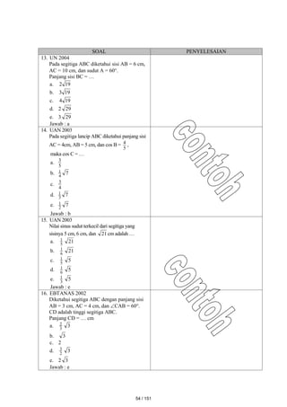 SOAL PENYELESAIAN
13. UN 2004
Pada segitiga ABC diketahui sisi AB = 6 cm,
AC = 10 cm, dan sudut A = 60.
Panjang sisi BC = …
a. 19
2
b. 19
3
c. 19
4
d. 2 29
e. 3 29
Jawab : a
14. UAN 2003
Pada segitiga lancip ABC diketahui panjang sisi
AC = 4cm, AB = 5 cm, dan cos B =
5
4 ,
maka cos C = …
a.
5
3
b. 7
4
1
c.
4
3
d. 7
3
1
e. 7
2
1
Jawab : b
15. UAN 2003
Nilai sinus sudut terkecil dari segitiga yang
sisinya 5 cm, 6 cm, dan 21 cm adalah …
a. 5
1 21
b. 6
1 21
c. 5
1 5
d. 6
1 5
e. 3
1 5
Jawab : e
16. EBTANAS 2002
Diketahui segitiga ABC dengan panjang sisi
AB = 3 cm, AC = 4 cm, dan CAB = 60.
CD adalah tinggi segitiga ABC.
Panjang CD = … cm
a. 3
2 3
b. 3
c. 2
d. 2
3 3
e. 2 3
Jawab : e
54 / 151
 