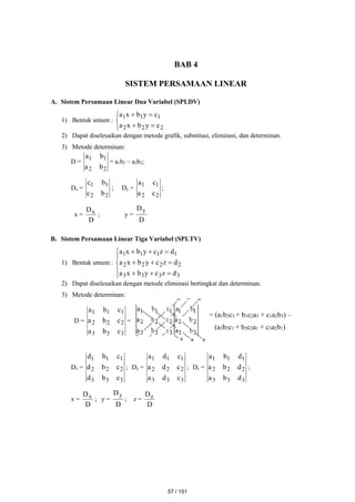 BAB 4
SISTEM PERSAMAAN LINEAR
A. Sistem Persamaan Linear Dua Variabel (SPLDV)
1) Bentuk umum :







2
2
2
1
1
1
c
y
b
x
a
c
y
b
x
a
2) Dapat diselesaikan dengan metode grafik, substitusi, eliminasi, dan determinan.
3) Metode determinan:
D =
2
2
1
1
b
a
b
a
= a1b2 – a2b2;
Dx =
2
2
1
1
b
c
b
c
; Dy =
2
2
1
1
c
a
c
a
;
x =
D
Dx ; y =
D
Dy
B. Sistem Persamaan Linear Tiga Variabel (SPLTV)
1) Bentuk umum :














3
3
3
3
2
2
2
2
1
1
1
1
d
z
c
y
b
x
a
d
z
c
y
b
x
a
d
z
c
y
b
x
a
2) Dapat diselesaikan dengan metode eliminasi bertingkat dan determinan.
3) Metode determinan:
D =
3
3
3
2
2
2
1
1
1
c
b
a
c
b
a
c
b
a
=
= (a1b2c3 + b1c2a3 + c1a2b3) –
(a3b2c1 + b3c2a1 + c3a2b1)
Dx =
3
3
3
2
2
2
1
1
1
c
b
d
c
b
d
c
b
d
; Dy =
3
3
3
2
2
2
1
1
1
c
d
a
c
d
a
c
d
a
; Dz =
3
3
3
2
2
2
1
1
1
d
b
a
d
b
a
d
b
a
;
x =
D
Dx ; y =
D
Dy
; z =
D
Dz
57 / 151
 