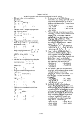 KUMPULAN SOAL
Menentukan penyelesaian dari sistem persamaan linear dua variabel
1. Diketahui x1 dan y1 memenuhi sistem
persamaan








6
4
6
10
2
4
y
x
y
x
nilai x1 y1 = …
a. 6 c. –2 e. –6
b. 3 d. –3
2. Diketahui m dan n merupakan penyelesaian
dari sistem persamaan:







8
3
2
17
2
3
y
x
y
x
nilai m + n = …
a. 9 c. 7 e. 5
b. 8 d. 6
3. Himpunan penyelesaian sistem persamaan
linear 2x – y = 1 dan 4x + 7y = 11 adalah {x0,
y0}. Nilai dari x0 + y0 = …
a. – 2 c. 0 e. 2
b. – 1 d. 1
4. Himpunan penyelesaian dari :







7
3
0
2
3
y
x
y
x
adalah x1 dan y1, nilai 2x1 + y1 = …
a. – 7 c. –1 e. 4
b. – 5 d. 1
5. Diketahui (x, y) merupakan penyelesaian dari
sistem persamaan








19
5
3
47
7
6
y
x
y
x
Nilai x + y = …
a. – 7 c. 1 e. 7
b. –3 d. 3
6. Penyelesaian dari sistem persamaan







5
2
5
2
y
x
y
x
adalah xo dan yo.
Nilai
o
o y
x
1
1
 = …
a. 3
1 c. 1 e. 1 3
2
b. 3
2 d. 1 3
1
7. Nilai x yang memenuhi sistem persamaan









26
10
3
5
1
1
y
x
y
x
adalah …
a. 3
2
 c. 7
1 e. 4
3
b. 6
1 d. 2
1
8. Bu Ana membayar Rp 39.000,00 untuk
membeli 3 kg jeruk dan 2kg apel. Pada tempat
yang sama Bu Ani membayar Rp 59.000,00
untuk membeli 2 kg jeruk dan 5 kg apel. Harga
1 kg jeruk adalah …
a. Rp6.500,00 d. Rp9.000,00
b. Rp7.000,00 e. Rp11.000,00
c. Rp7.500,00
9. Pak temon bekerja dengan perhitungan 4 hari
lembur dan 2 hari tidak lembur serta mendapat
gaji Rp740.000,00 sedangkan Pak Abdel
bekerja 2 hari lembur dan 3 hari tidak lembur
dengan gaji Rp550.000,00. Jika Pak Eko
bekerja dengan perhitungan lembur selama
lima hari, maka gaji yang diterima Pak Eko
adalah …
a. Rp450.000,00 d. Rp750.000,00
b. Rp650.000,00 e. Rp1.000.000,00
c. Rp700.000,00
10. Harga 3 kg beras dan 2 kg gula di toko A
adalah Rp 17.000,00, sedangkan di toko B
harga 4 kg beras dan 5 kg gula adalah Rp
32.000,00. Pada saat itu, harga beras dan gula
di toko A dan di toko B sama. Jika Budi
membeli 1 kg beras dan setengah kilogram
gula maka harga yang dibayar adalah …
a. Rp 3.000,00 d. Rp 5.500,00
b. Rp 4.000,00 e. Rp 6.000,00
c. Rp 5.000,00
11. Andi membeli 3 buku dan 2 pulpen dengan
harga Rp12.000,00 sedangkan Bedu membeli
1 buku dan 3 pulpen dengan harga
Rp11.000,00. Jika Caca ingin membeli 1 buku
dan 1 pulpen di toko yang sama ia harus
membayar …
a. Rp4.500,00 d. Rp6.000,00
b. Rp5.000,00 e. Rp6.500,00
c. Rp5.500,00
12. Ibu Salmah membeli tiga tangkai bunga
Anggrek dan empat buah pot bunga, ia harus
membayar Rp 42.500,00. Sedangkan ibu Nina
membeli dua tangkai bunga Anggrek dan tiga
pot bunga, ia harus membayar Rp 30.00,00.
Ibu Salmah, Ibu Nina, dan Ibu Rossi membeli
bunga dan pot bunga dengan harga satuan
yang sama. Jika Ibu Rossi membeli lima
tangkai bunga Anggrek dan lima buah pot
bunga, maka ia harus membayar …
a. Rp 52.500,00 d. Rp 67.000,00
b. Rp 62.500,00 e. Rp 72.500,00
c. Rp 65.000,00
63 / 151
 