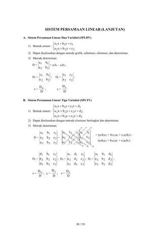 SISTEM PERSAMAAN LINEAR (LANJUTAN)
A. Sistem Persamaan Linear Dua Variabel (SPLDV)
1) Bentuk umum :







2
2
2
1
1
1
c
y
b
x
a
c
y
b
x
a
2) Dapat diselesaikan dengan metode grafik, substitusi, eliminasi, dan determinan.
3) Metode determinan:
D =
2
2
1
1
b
a
b
a
= a1b2 – a2b2;
Dx =
2
2
1
1
b
c
b
c
; Dy =
2
2
1
1
c
a
c
a
;
x =
D
Dx ; y =
D
Dy
B. Sistem Persamaan Linear Tiga Variabel (SPLTV)
1) Bentuk umum :














3
3
3
3
2
2
2
2
1
1
1
1
d
z
c
y
b
x
a
d
z
c
y
b
x
a
d
z
c
y
b
x
a
2) Dapat diselesaikan dengan metode eliminasi bertingkat dan determinan.
3) Metode determinan:
D =
3
3
3
2
2
2
1
1
1
c
b
a
c
b
a
c
b
a
=
= (a1b2c3 + b1c2a3 + c1a2b3) –
(a3b2c1 + b3c2a1 + c3a2b1)
Dx =
3
3
3
2
2
2
1
1
1
c
b
d
c
b
d
c
b
d
; Dy =
3
3
3
2
2
2
1
1
1
c
d
a
c
d
a
c
d
a
; Dz =
3
3
3
2
2
2
1
1
1
d
b
a
d
b
a
d
b
a
;
x =
D
Dx ; y =
D
Dy
; z =
D
Dz
65 / 151
 