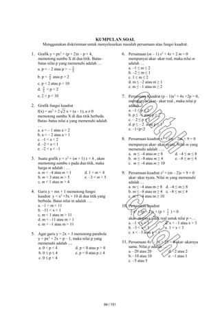 KUMPULAN SOAL
Menggunakan diskriminan untuk menyelesaikan masalah persamaan atau fungsi kuadrat.
1. Grafik y = px2
+ (p + 2)x – p + 4,
memotong sumbu X di dua titik. Batas–
batas nilai p yang memenuhi adalah …
a. p < – 2 atau p > 5
2

b. p < 5
2 atau p > 2
c. p < 2 atau p > 10
d. 5
2 < p < 2
e. 2 < p < 10
2. Grafik fungsi kuadrat
f(x) = ax2
+ 2 2 x + (a – 1), a ≠ 0
memotong sumbu X di dua titik berbeda.
Batas–batas nilai a yang memenuhi adalah
…
a. a < – 1 atau a > 2
b. a < – 2 atau a > 1
c. –1 < a < 2
d. –2 < a < 1
e. –2 < a < –1
3. Suatu grafik y = x2
+ (m + 1) x + 4 , akan
memotong sumbu x pada dua titik, maka
harga m adalah : …
a. m < –4 atau m > 1 d. 1 < m < 4
b. m < 3 atau m > 5 e. –3 < m < 5
c. m < 1 atau m > 4
4. Garis y = mx + 1 memotong fungsi
kuadrat y = x2
+5x + 10 di dua titik yang
berbeda. Batas nilai m adalah ….
a. –1 < m < 11
b. –11 < x < 1
c. m < 1 atau m > 11
d. m < –11 atau m > 1
e. m < –1 atau m > 11
5. Agar garis y = 2x + 3 memotong parabola
y = px2
+ 2x + p – 1, maka nilai p yang
memenuhi adalah ....
a. 0 < p < 4 d. p < 0 atau p > 4
b. 0  p  4 e. p < 0 atau p  4
c. 0  p < 4
6. Persamaan (m – 1) x2
+ 4x + 2 m = 0
mempunyai akar–akar real, maka nilai m
adalah …
a. –1 ≤ m ≤ 2
b. –2 ≤ m ≤ 1
c. 1 ≤ m ≤ 2
d. m ≤ –2 atau m ≥ 1
e. m ≤ –1 atau m ≥ 2
7. Persamaan Kuadrat (p – 1)x2
+ 4x +2p = 0,
mempunyai akar– akar real , maka nilai p
adalah ....
a. –1 ≤ p ≤ 2
b. p ≤ –1 atau p ≥ 2
c. – 2 ≤ p ≤ 1
d. p ≤ – 2 atau p ≥ 1
e. –1<p<2
8. Persamaan kuadrat x + (m – 2)x + 9 = 0
mempunyai akar–akar nyata. Nilai m yang
memenuhi adalah …..
a. m ≤ –4 atau m ≥ 8 d. –4 ≤ m ≤ 8
b. m ≤ –8 atau m ≥ 4 e. –8 ≤ m ≤ 4
c. m ≤ –4 atau m ≥ 10
9. Persamaan kuadrat x2
+ (m – 2)x + 9 = 0
akar–akar nyata. Nilai m yang memenuhi
adalah …
a. m ≤ –4 atau m ≥ 8 d. –4 ≤ m ≤ 8
b. m ≤ –8 atau m ≥ 4 e. –8 ≤ m ≤ 4
c. m ≤ –4 atau m ≥ 10
10. Persamaan kuadrat
2
1 x² + (p + 2)x + (p + 2
7 ) = 0
akar–akarnya tidak real untuk nilai p =…
a. –1 < x < 3 d. x < –1 atau x > 3
b. –3 < x < 1 e. 1 < x < 3
c. x < –3 atau x > 1
11. Persamaan 4x2
– px + 25 = 0 akar–akarnya
sama. Nilai p adalah …
a. –20 atau 20 d. –2 atau 2
b. –10 atau 10 e. –1 atau 1
c. –5 atau 5
84 / 151
 