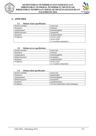 KEMENTERIAN PENDIDIKAN DAN KEBUDAYAAN 
DIREKTORAT JENDERAL PENDIDIKAN MENENGAH 
DIREKTORAT PEMBINAAN SEKOLAH MENENGAH KEJURUAN 
PALEMBANG 2014 
2. APPENDIX 
2.1 Debian router specification 
Domain member: secure.net 
Hostname scrRouter 
rootpassword: Palembang2014 
Default Account: Competitor 
Password competitor2014 
IP address: 172.16.x.1/25 
10.10.x.2/29 
( x is number competitor) 
2.2 Debian server specification 
Domain member: secure.net 
Hostname scrServer 
rootpassword: Palembang2014 
Default Account: Competitor 
Password competitor2014 
IP address: 10.10.x.1/29 
( x is number competitor) 
2.3 Debian client specification 
Domain member: secure.net 
Hostname jakabaringPC 
rootpassword: Palembang2014 
Default Account: Competitor 
Password competitor2014 
IP address: 172.16.x.10/25 (Dont enter Gateway) 
LKS XXII C Palembang 2014 5/5 
