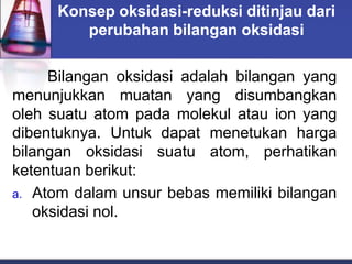 Konsep oksidasi-reduksi ditinjau dari
perubahan bilangan oksidasi
Bilangan oksidasi adalah bilangan yang
menunjukkan muatan yang disumbangkan
oleh suatu atom pada molekul atau ion yang
dibentuknya. Untuk dapat menetukan harga
bilangan oksidasi suatu atom, perhatikan
ketentuan berikut:
a. Atom dalam unsur bebas memiliki bilangan
oksidasi nol.
 