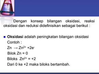 Dengan konsep bilangan oksidasi, reaksi
oksidasi dan reduksi didefinisikan sebagai berikut :
 Oksidasi adalah peningkatan bilangan oksidasi
Contoh :
Zn → Zn2+ +2e-
Bilok Zn = 0
Biloks Zn2+ = +2
Dari 0 ke +2 maka biloks bertambah.
 
