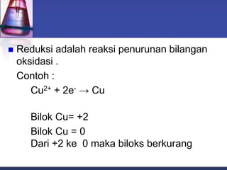  Reduksi adalah reaksi penurunan bilangan
oksidasi .
Contoh :
Cu2+ + 2e- → Cu
Bilok Cu= +2
Bilok Cu = 0
Dari +2 ke 0 maka biloks berkurang
 