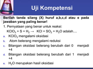 Uji Kompetensi
Berilah tanda silang (X) huruf a,b,c,d atau e pada
jawaban yang paling benar!
1. Pernyataan yang benar untuk reaksi:
KClO3 + S + H2 → KCl + SO2 + H2O adalah....
a. KClO3 mengalami oksidasi
b. Atom belerang mengalami reduksi
c. Bilangan oksidasi belerang berubah dari 0 menjadi
+4
d. Bilangan oksidasi belerang berubah dari 1 menjadi
+4
e. H2O merupakan hasil oksidasi
 