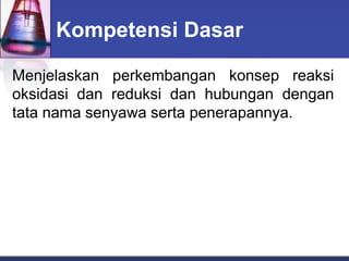 Kompetensi Dasar
Menjelaskan perkembangan konsep reaksi
oksidasi dan reduksi dan hubungan dengan
tata nama senyawa serta penerapannya.
 