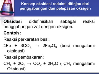 Konsep oksidasi reduksi ditinjau dari
penggabungan dan pelepasan oksigen
Oksidasi didefinisikan sebagai reaksi
penggabungan zat dengan oksigen.
Contoh :
Reaksi perkaratan besi:
4Fe + 3CO2 → 2Fe2O3 (besi mengalami
oksidasi)
Reaksi pembakaran:
CH4 + 2O2 → CO2 + 2H2O ( CH4 mengalami
Oksidasi)
 
