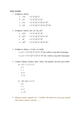 Kunci Jawaban
1. Konfigurasi elektron
a. 11 Na = 1s2
2s2
2p6
3s1
b. 14 Si = 1s2
2s2
2p6
3s2
3p2
c. 29 Cu = 1s2
2s2
2p6
3s2
3p6
4s1
3d10
d. 35 Br = 1s2
2s2
2p6
3s2
3p6
4s2
3d10
4p5
2. Konfigurasi Elektron dari 19K+
dan 30Zn2+
a. 20Ca2+
= 1s2
2s2
2p6
3s2
3p6
b. 26Fe2+
= 1s2
2s2
2p6
3s2
3p6
4s1
3d5
c. 19K+
= 1s2
2s2
2p6
3s2
3p6
d. 30Zn2+
= 1s2
2s2
2p6
3s2
3p6
4s0
3d10
3. Konfigurasi elektron 24 Cr dan 29 Cu adalah
a. 24 Cr = 1s2
2s2
2p6
3s2
3p6
4s1
3d5
ada 6 elektron yang tidak berpasangan
b. 29 Cu = 1s2
2s2
2p6
3s2
3p6
4s1
3d10
ada 1 elektron yang tidak berpasangan
4. Tentukan bilangan kuantum utama, azimut, dan magnetik dari atom atom berikut:
a. 17Cl : 1s
2
2s
2
2p
6
3s
2
3p
5
n : 3
l : 1
m : 0
s :-1/2
b. 35Br : [Ar] 4s
2
3d
10
4p
5
n :4
l : 1
m : 0
s : -1/2
5. Bilangan kuantum magnetik (m) = -3 dimiliki oleh elktron dari atom yang memiliki
kulit elektron minimal sebanyak...........
 