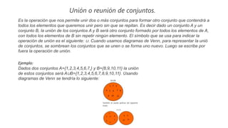 Unión o reunión de conjuntos.
Es la operación que nos permite unir dos o más conjuntos para formar otro conjunto que contendrá a
todos los elementos que queremos unir pero sin que se repitan. Es decir dado un conjunto A y un
conjunto B, la unión de los conjuntos A y B será otro conjunto formado por todos los elementos de A,
con todos los elementos de B sin repetir ningún elemento. El símbolo que se usa para indicar la
operación de unión es el siguiente: ∪. Cuando usamos diagramas de Venn, para representar la unió
de conjuntos, se sombrean los conjuntos que se unen o se forma uno nuevo. Luego se escribe por
fuera la operación de unión.
Ejemplo:
Dados dos conjuntos A={1,2,3,4,5,6,7,} y B={8,9,10,11} la unión
de estos conjuntos será A∪B={1,2,3,4,5,6,7,8,9,10,11}. Usando
diagramas de Venn se tendría lo siguiente:
 