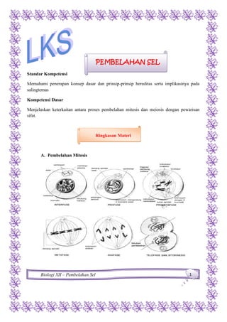 PEMBELAHAN SEL
Standar Kompetensi
Memahami penerapan konsep dasar dan prinsip-prinsip hereditas serta implikasinya pada
salingtemas
Kompetensi Dasar
Menjelaskan keterkaitan antara proses pembelahan mitosis dan meiosis dengan pewarisan
sifat.
Ringkasan Materi
A. Pembelahan Mitosis
Biologi XII – Pembelahan Sel 1
 