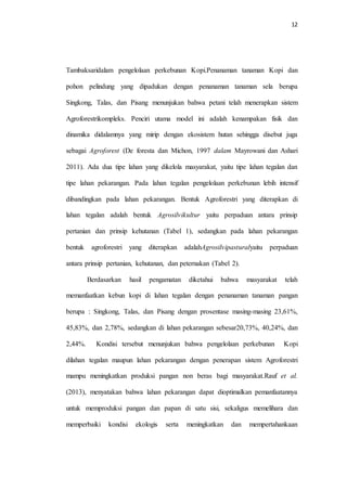 12
Tambaksaridalam pengelolaan perkebunan Kopi.Penanaman tanaman Kopi dan
pohon pelindung yang dipadukan dengan penanaman tanaman sela berupa
Singkong, Talas, dan Pisang menunjukan bahwa petani telah menerapkan sistem
Agroforestrikompleks. Penciri utama model ini adalah kenampakan fisik dan
dinamika didalamnya yang mirip dengan ekosistem hutan sehingga disebut juga
sebagai Agroforest (De foresta dan Michon, 1997 dalam Mayrowani dan Ashari
2011). Ada dua tipe lahan yang dikelola masyarakat, yaitu tipe lahan tegalan dan
tipe lahan pekarangan. Pada lahan tegalan pengelolaan perkebunan lebih intensif
dibandingkan pada lahan pekarangan. Bentuk Agroforestri yang diterapkan di
lahan tegalan adalah bentuk Agrosilvikultur yaitu perpaduan antara prinsip
pertanian dan prinsip kehutanan (Tabel 1), sedangkan pada lahan pekarangan
bentuk agroforestri yang diterapkan adalahAgrosilvipasturalyaitu perpaduan
antara prinsip pertanian, kehutanan, dan peternakan (Tabel 2).
Berdasarkan hasil pengamatan diketahui bahwa masyarakat telah
memanfaatkan kebun kopi di lahan tegalan dengan penanaman tanaman pangan
berupa : Singkong, Talas, dan Pisang dengan prosentase masing-masing 23,61%,
45,83%, dan 2,78%, sedangkan di lahan pekarangan sebesar20,73%, 40,24%, dan
2,44%. Kondisi tersebut menunjukan bahwa pengelolaan perkebunan Kopi
dilahan tegalan maupun lahan pekarangan dengan penerapan sistem Agroforestri
mampu meningkatkan produksi pangan non beras bagi masyarakat.Rauf et al.
(2013), menyatakan bahwa lahan pekarangan dapat dioptimalkan pemanfaatannya
untuk memproduksi pangan dan papan di satu sisi, sekaligus memelihara dan
memperbaiki kondisi ekologis serta meningkatkan dan mempertahankaan
 