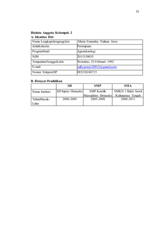 21
Biodata Anggota Kelompok 2
A. Identitas Diri
Nama Lengkap(dengangelar) Maria Fransiska Yuliana Jawa
JenisKelamin Perempuan
ProgramStudi Agroteknologi
NIM 2013330035
TempatdanTanggalLahir Wotoloto, 25 Februari 1992
E-mail yully.jawa120913@gmail.com
Nomor Telepon/HP 085230248715
B. Riwayat Pendidikan
SD SMP SMA
Nama Institusi SD Inpres Detusoko SMP Katolik
Marsudirini Detusoko
SMKN 1 Bukit Sawit
Kalimantan Tengah
TahunMasuk-
Lulus
2000-2005 2005-2008 2008-2011
 