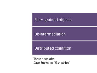 Finer-grained objects 
Disintermediation 
Distributed cognition 
Three heuristics 
Dave Snowden (@snowded) 
 