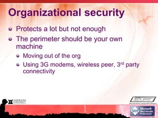 Organizational securityProtects a lot but not enoughThe perimeter should be your own machineMoving out of the orgUsing 3G modems, wireless peer, 3rd party connectivity
