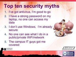 Top ten security mythsI’ve got antivirus, I’m good to goI have a strong password on my laptop, no one can access my dataI don’t use Windows,  I’m already secureNo one can see what I do in a public/private WiFi/networkThe campus IT guys got me covered