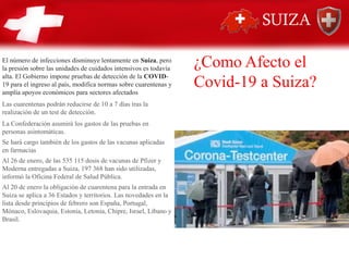 El número de infecciones disminuye lentamente en Suiza, pero
la presión sobre las unidades de cuidados intensivos es todavía
alta. El Gobierno impone pruebas de detección de la COVID-
19 para el ingreso al país, modifica normas sobre cuarentenas y
amplía apoyos económicos para sectores afectados
Las cuarentenas podrán reducirse de 10 a 7 días tras la
realización de un test de detección.
La Confederación asumirá los gastos de las pruebas en
personas asintomáticas.
Se hará cargo también de los gastos de las vacunas aplicadas
en farmacias
Al 26 de enero, de las 535 115 dosis de vacunas de Pfizer y
Moderna entregadas a Suiza, 197 368 han sido utilizadas,
informó la Oficina Federal de Salud Pública.
Al 20 de enero la obligación de cuarentena para la entrada en
Suiza se aplica a 36 Estados y territorios. Las novedades en la
lista desde principios de febrero son España, Portugal,
Mónaco, Eslovaquia, Estonia, Letonia, Chipre, Israel, Líbano y
Brasil.
¿Como Afecto el
Covid-19 a Suiza?
 