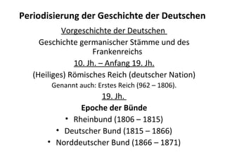 Periodisierung der Geschichte der Deutschen
Vorgeschichte der Deutschen
Geschichte germanischer Stämme und des
Frankenreichs
10. Jh. – Anfang 19. Jh.
(Heiliges) Römisches Reich (deutscher Nation)
Genannt auch: Erstes Reich (962 – 1806).
19. Jh.
Epoche der Bünde
• Rheinbund (1806 – 1815)
• Deutscher Bund (1815 – 1866)
• Norddeutscher Bund (1866 – 1871)
 