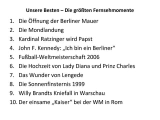 Unsere Besten – Die größten Fernsehmomente
1. Die Öffnung der Berliner Mauer
2. Die Mondlandung
3. Kardinal Ratzinger wird Papst
4. John F. Kennedy: „Ich bin ein Berliner“
5. Fußball-Weltmeisterschaft 2006
6. Die Hochzeit von Lady Diana und Prinz Charles
7. Das Wunder von Lengede
8. Die Sonnenfinsternis 1999
9. Willy Brandts Kniefall in Warschau
10. Der einsame „Kaiser“ bei der WM in Rom
 