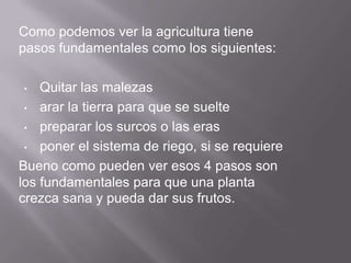 Como podemos ver la agricultura tiene
pasos fundamentales como los siguientes:

•   Quitar las malezas
 • arar la tierra para que se suelte

 • preparar los surcos o las eras

 • poner el sistema de riego, si se requiere

Bueno como pueden ver esos 4 pasos son
los fundamentales para que una planta
crezca sana y pueda dar sus frutos.
 