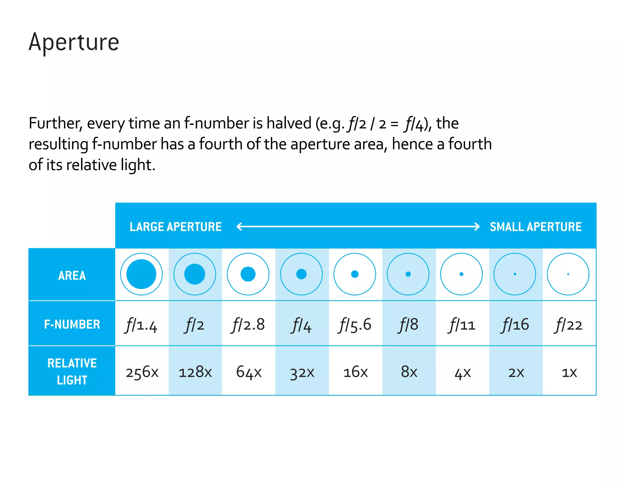 Aperture
Further, every time an f-number is halved (e.g. f/2 / 2 = f/4), the
resulting f-number has a fourth of the aperture area, hence a fourth
of its relative light.

LARGE APERTURE

SMALL APERTURE

AREA
F-NUMBER

f/1.4

f/2

f/2.8

f/4

f/5.6

f/8

f/11

f/16

f/22

RELATIVE
LIGHT

256x

128x

64x

32x

16x

8x

4x

2x

1x

 