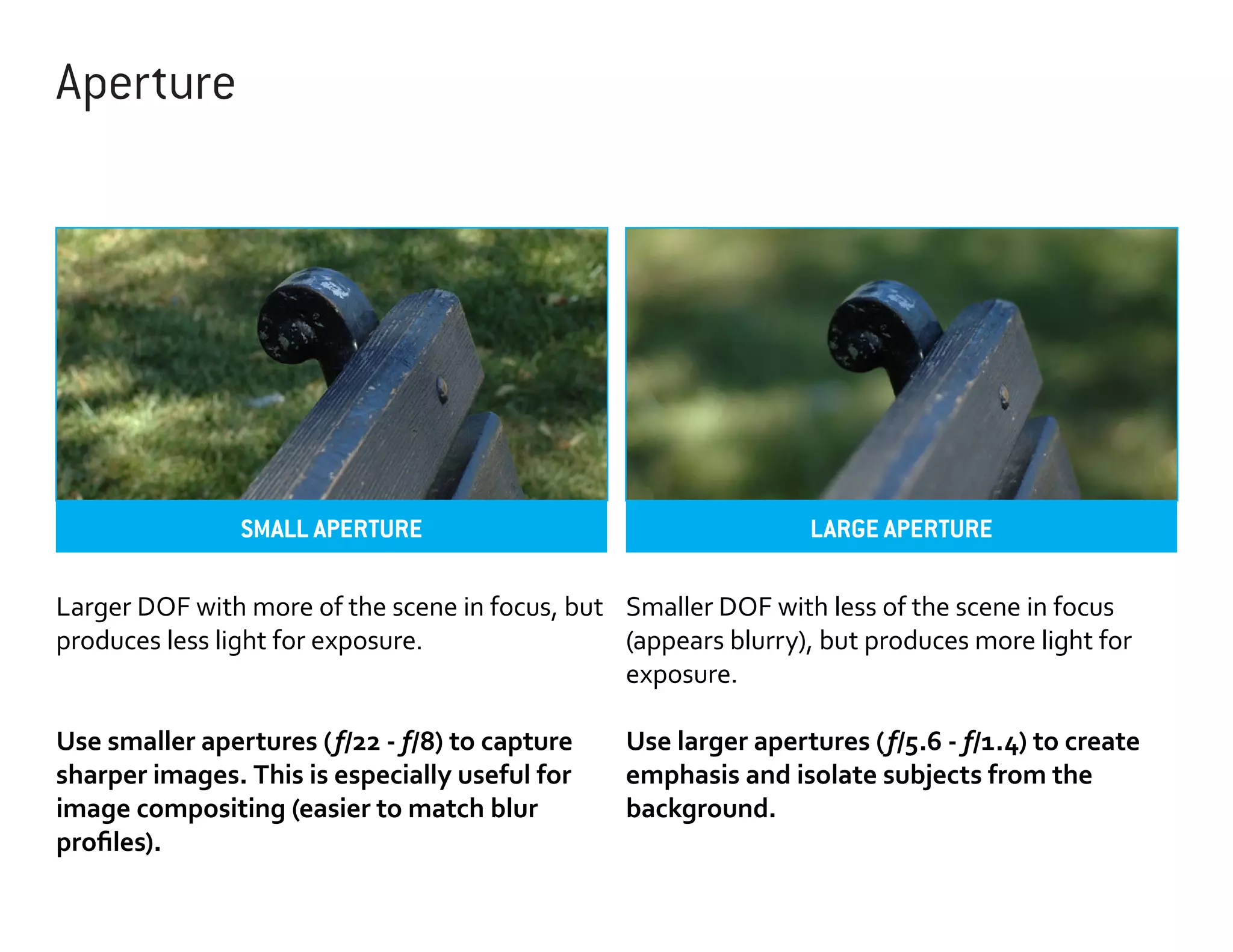 Aperture

SMALL APERTURE

LARGE APERTURE

Larger DOF with more of the scene in focus, but Smaller DOF with less of the scene in focus
produces less light for exposure.
(appears blurry), but produces more light for
exposure.
Use smaller apertures (f/22 - f/8) to capture
sharper images. This is especially useful for
image compositing (easier to match blur
profiles).

Use larger apertures (f/5.6 - f/1.4) to create
emphasis and isolate subjects from the
background.

 