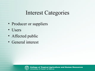 Interest Categories
• Producer or suppliers
• Users
• Affected public
• General interest
 