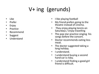 V+ ing (gerunds)
•   Like                 • I like playing football
•   Prefer               • My friend prefers going to the
•   Enjoy                  theatre instead of cinema.
•   Practice             • They enjoy playing tennis on
•   Recommend              Saturdays / enjoy travelling
•   Suggest              • The pop star practice singing his
                           songs before the concert.
•   Understand           • Doctor recommends eating less
                           meat.
                         • The doctor suggested taking a
                           long holiday.
                         • I understand.
                         • I understand buying a second
                           hand car is risky.
                         • I understand finding a good girl
                           friend is difficult.
 