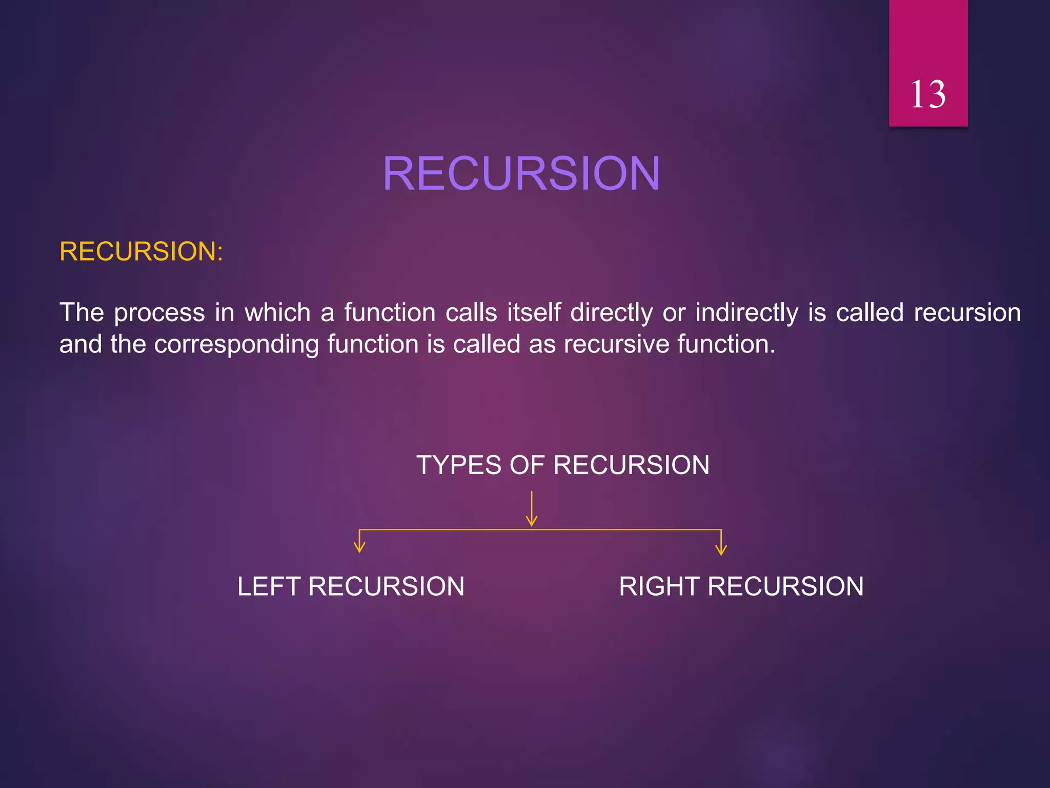 RECURSION
RECURSION:
The process in which a function calls itself directly or indirectly is called recursion
and the corresponding function is called as recursive function.
TYPES OF RECURSION
LEFT RECURSION RIGHT RECURSION
13
 