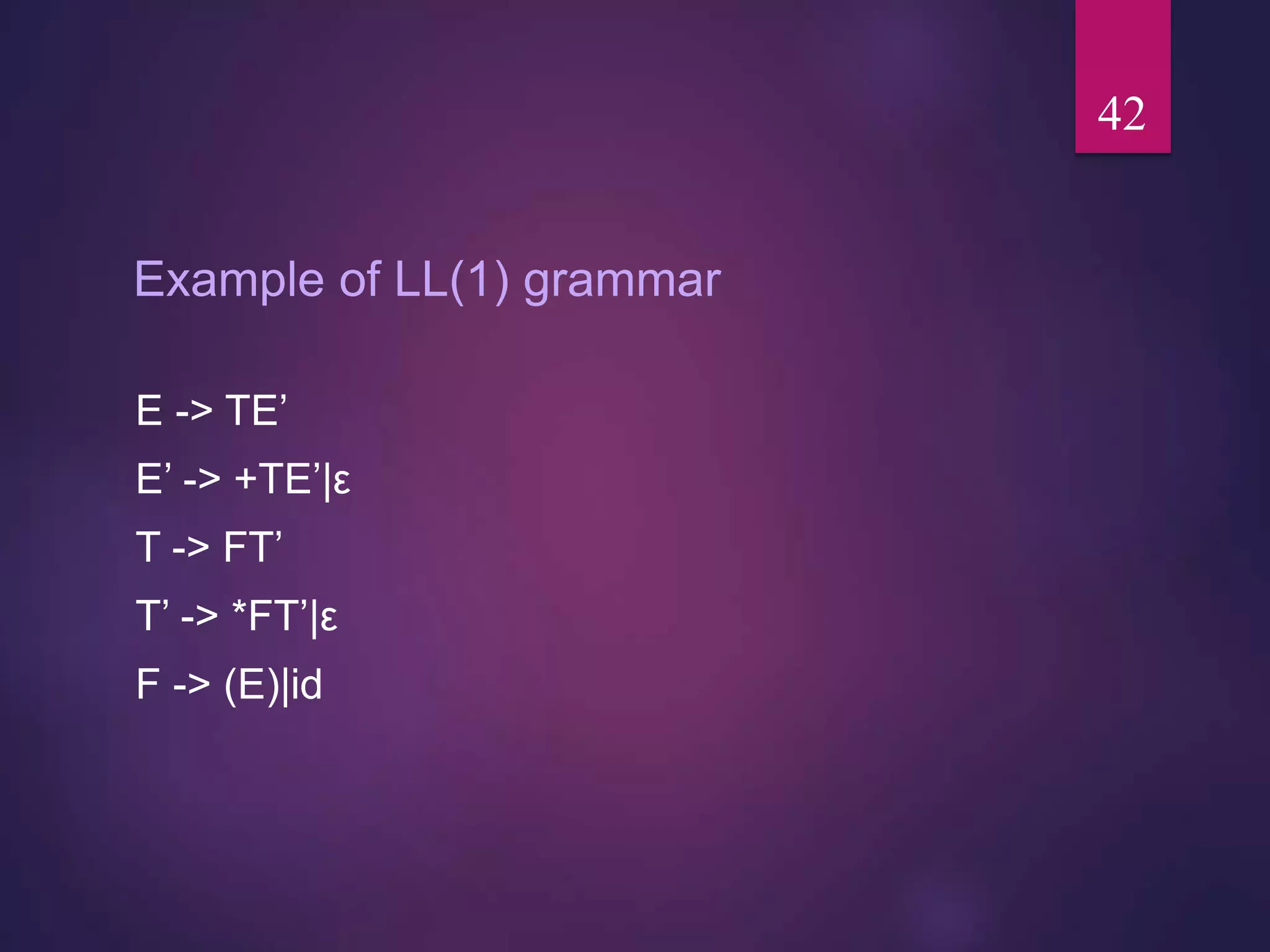 Example of LL(1) grammar
E -> TE’
E’ -> +TE’|ε
T -> FT’
T’ -> *FT’|ε
F -> (E)|id
42
 