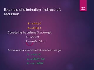 Example of elimination indirect left
recursion:
S A A | 0
A S S | 1
Considering the ordering S, A, we get:
S A A | 0
A S | 0S | 1
And removing immediate left recursion, we get
S A A | 0
A 0S A′ | 1A′
A′  ε | AS A′
22
 