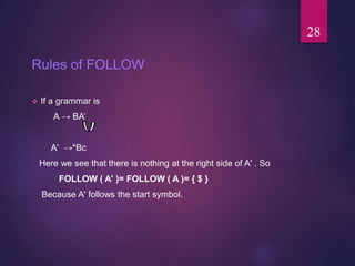 Rules of FOLLOW
 If a grammar is
A → BA’
A' →*Bc
Here we see that there is nothing at the right side of A' . So
FOLLOW ( A' )= FOLLOW ( A )= { $ }
Because A' follows the start symbol.
28
 