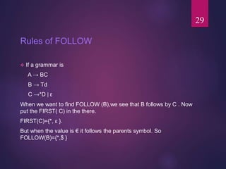 Rules of FOLLOW
 If a grammar is
A → BC
B → Td
C →*D ǀ ε
When we want to find FOLLOW (B),we see that B follows by C . Now
put the FIRST( C) in the there.
FIRST(C)={*, ε }.
But when the value is € it follows the parents symbol. So
FOLLOW(B)={*,$ }
29
 