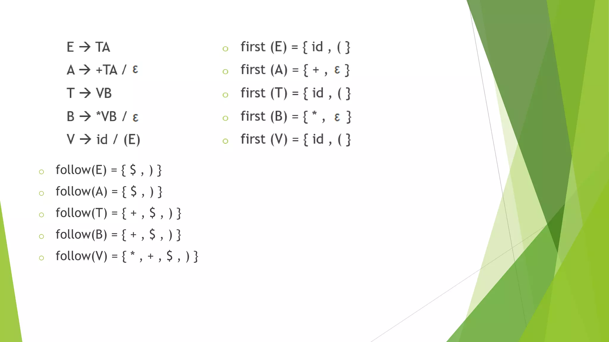 o follow(E) = { $ , ) }
o follow(A) = { $ , ) }
o follow(T) = { + , $ , ) }
o follow(B) = { + , $ , ) }
o follow(V) = { * , + , $ , ) }
 
