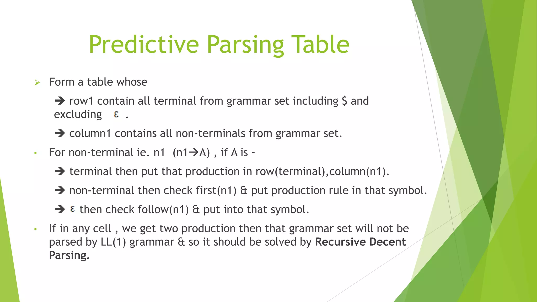 Predictive Parsing Table
 Form a table whose
 row1 contain all terminal from grammar set including $ and
excluding .
 column1 contains all non-terminals from grammar set.
• For non-terminal ie. n1 (n1A) , if A is -
 terminal then put that production in row(terminal),column(n1).
 non-terminal then check first(n1) & put production rule in that symbol.
 then check follow(n1) & put into that symbol.
• If in any cell , we get two production then that grammar set will not be
parsed by LL(1) grammar & so it should be solved by Recursive Decent
Parsing.
 