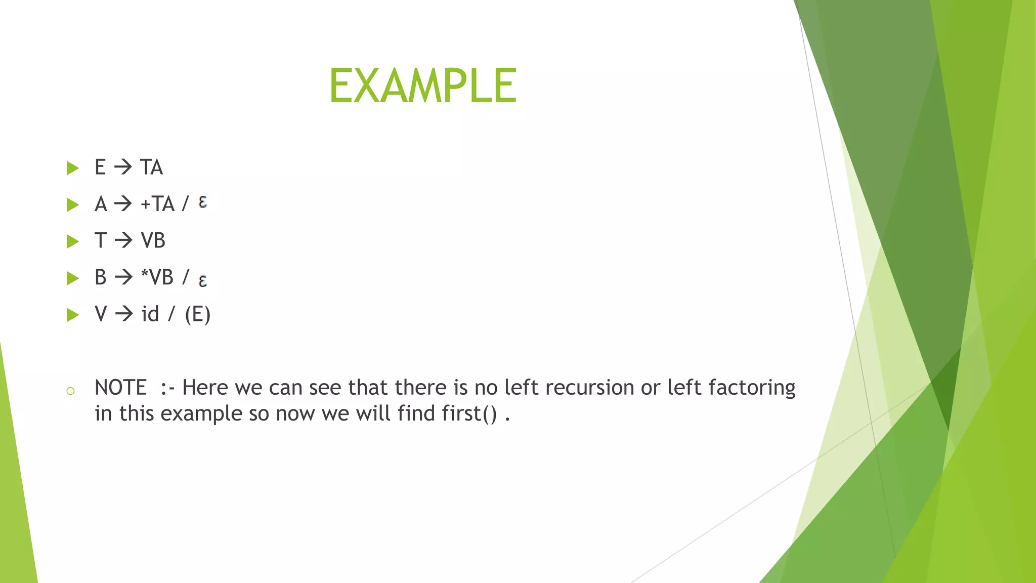 EXAMPLE
 E  TA
 A  +TA /
 T  VB
 B  *VB /
 V  id / (E)
o NOTE :- Here we can see that there is no left recursion or left factoring
in this example so now we will find first() .
 