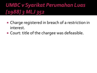  Charge registered in breach of a restriction in
interest.
 Court: title of the chargee was defeasible.
 