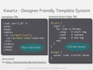 Plain Old HTML                                                CSS-like Syntax

                                                                	 
                                                    	 	              	         	  	          	 



                    copyright(c) 2007 kuwata-lab.com all rights reserved.
 