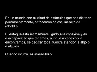 En un mundo con multitud de estímulos que nos distraen
permanentemente, enfocarnos es casi un acto de
rebeldía
El enfoque está íntimamente ligado a la conexión y es
esa capacidad que tenemos, aunque a veces no la
encontremos, de dedicar toda nuestra atención a algo o
a alguien
Cuando ocurre, es maravilloso
 